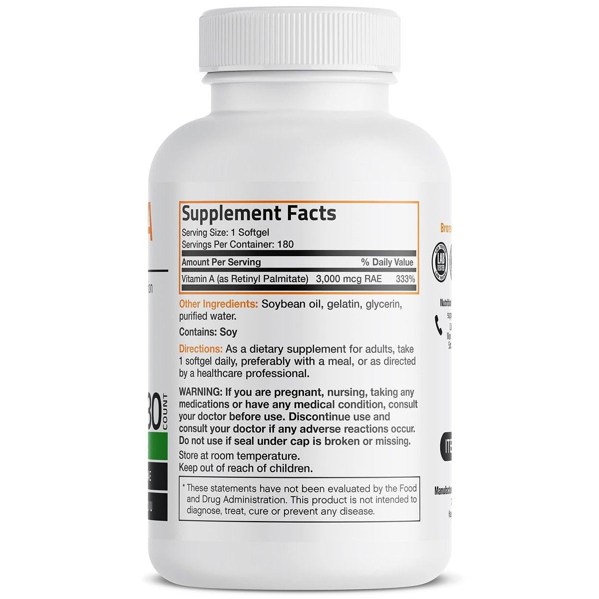 Bronson Vitamin A 10.000 IE Premium Non-GMO – Unterstützt gesunde Sehkraft, Immunsystem und Wachstum, 180 Softgels