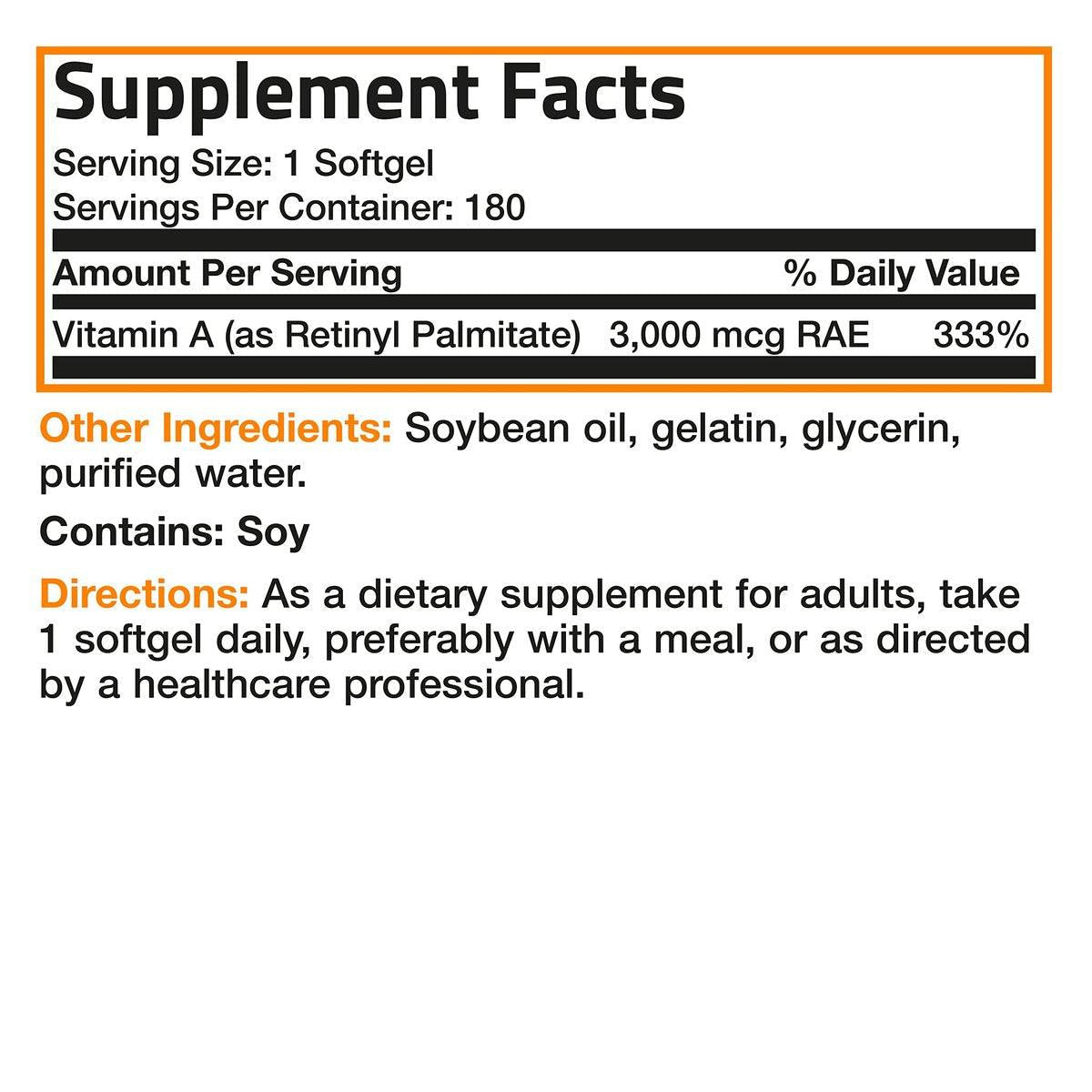 Bronson Vitamin A 10.000 IE Premium Non-GMO – Unterstützt gesunde Sehkraft, Immunsystem und Wachstum, 180 Softgels