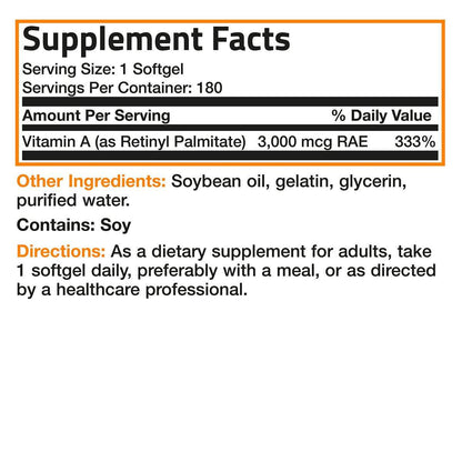 Bronson Vitamin A 10.000 IE Premium Non-GMO – Unterstützt gesunde Sehkraft, Immunsystem und Wachstum, 180 Softgels