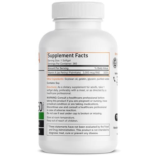 Bronson Vitamin A 10.000 IE – Hochdosiertes, nicht-GMO Nahrungsergänzungsmittel für Sehkraft, Immunsystem & Zellgesundheit, 360 Softgels