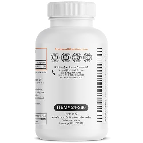 Bronson Vitamin A 10.000 IE – Hochdosiertes, nicht-GMO Nahrungsergänzungsmittel für Sehkraft, Immunsystem & Zellgesundheit, 360 Softgels