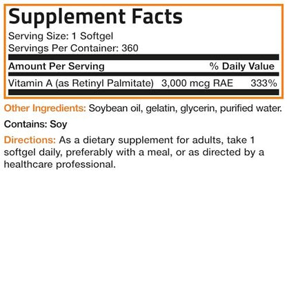 Bronson Vitamin A 10.000 IE – Hochdosiertes, nicht-GMO Nahrungsergänzungsmittel für Sehkraft, Immunsystem & Zellgesundheit, 360 Softgels