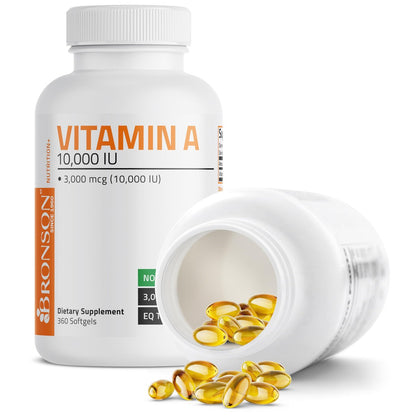 Bronson Vitamin A 10.000 IE – Hochdosiertes, nicht-GMO Nahrungsergänzungsmittel für Sehkraft, Immunsystem & Zellgesundheit, 360 Softgels