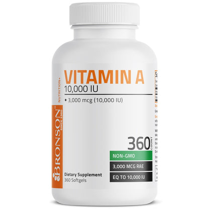 Bronson Vitamin A 10.000 IE – Hochdosiertes, nicht-GMO Nahrungsergänzungsmittel für Sehkraft, Immunsystem & Zellgesundheit, 360 Softgels