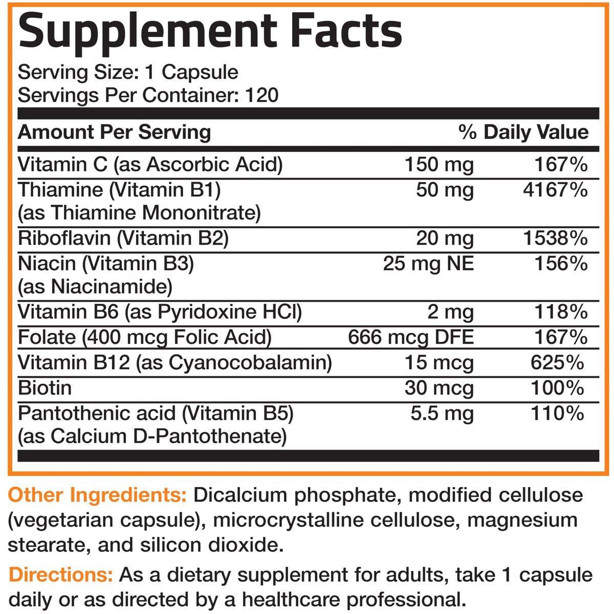 Bronson Vitamin B-Komplex mit Vitamin C – Immunsystem, Energie & Nervensystem – Non-GMO, 120 vegane Kapseln