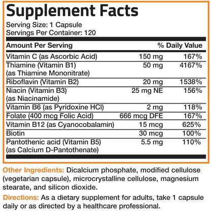 Bronson Vitamin B-Komplex mit Vitamin C – Immunsystem, Energie & Nervensystem – Non-GMO, 120 vegane Kapseln