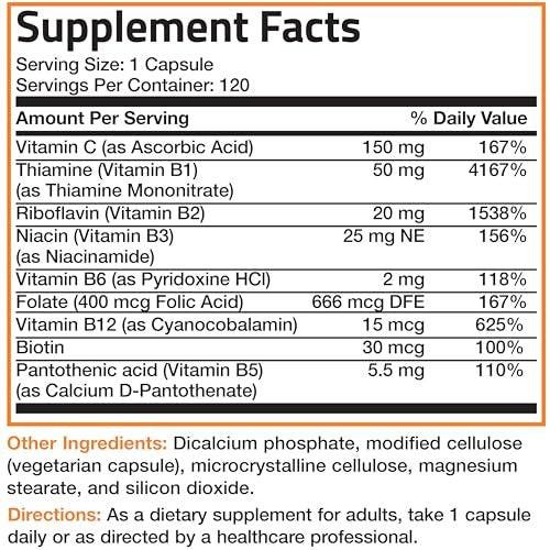 Bronson Vitamin B-Komplex mit Vitamin C – Immunsystem, Energie & Nervensystem – Non-GMO, 120 vegane Kapseln