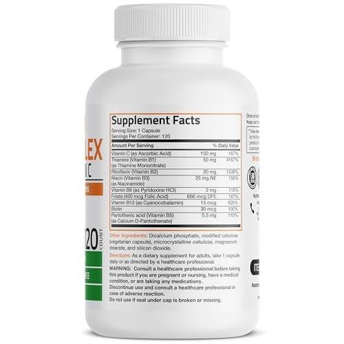 Bronson Vitamin B-Komplex mit Vitamin C – Immunsystem, Energie & Nervensystem – Non-GMO, 120 vegane Kapseln
