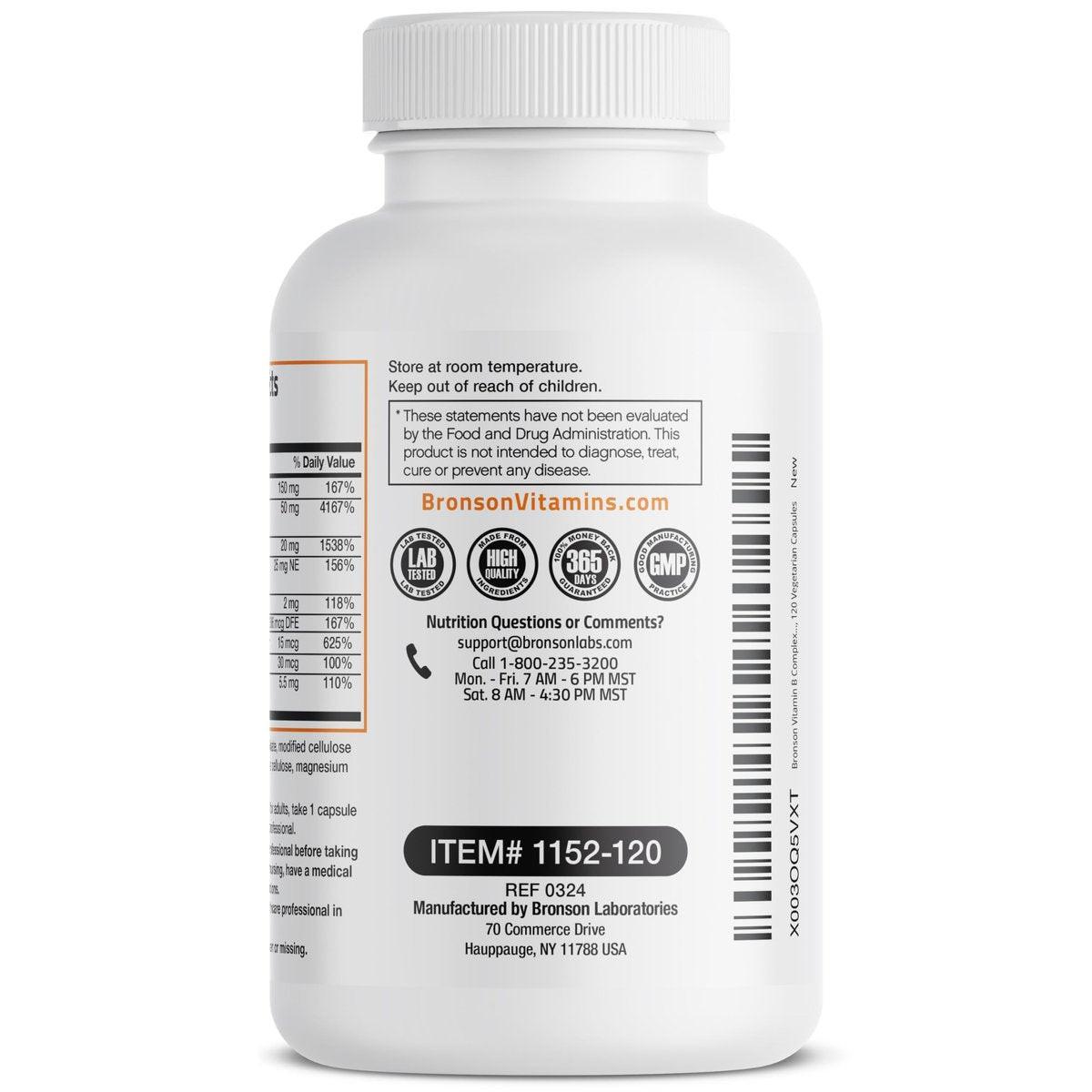 Bronson Vitamin B-Komplex mit Vitamin C – Immunsystem, Energie & Nervensystem – Non-GMO, 120 vegane Kapseln