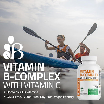 Bronson Vitamin B-Komplex mit Vitamin C – Immunsystem, Energie & Nervensystem – Non-GMO, 120 vegane Kapseln