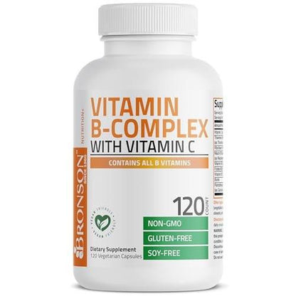 Bronson Vitamin B-Komplex mit Vitamin C – Immunsystem, Energie & Nervensystem – Non-GMO, 120 vegane Kapseln