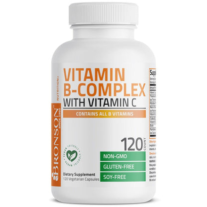 Bronson Vitamin B-Komplex mit Vitamin C – Immunsystem, Energie & Nervensystem – Non-GMO, 120 vegane Kapseln