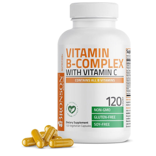 Bronson Vitamin B-Komplex mit Vitamin C – Immunsystem, Energie & Nervensystem – Non-GMO, 120 vegane Kapseln