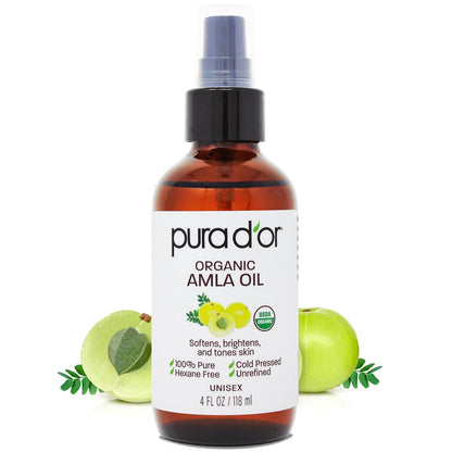 PURA D'OR 118 ml Bio Amla Öl, 100% reines USDA-zertifiziertes Premium-Haaröl, kaltgepresst, unraffiniert, nativ extra, Haarserum & Haarverdickungsprodukt mit Pumpe für Frauen und Männer