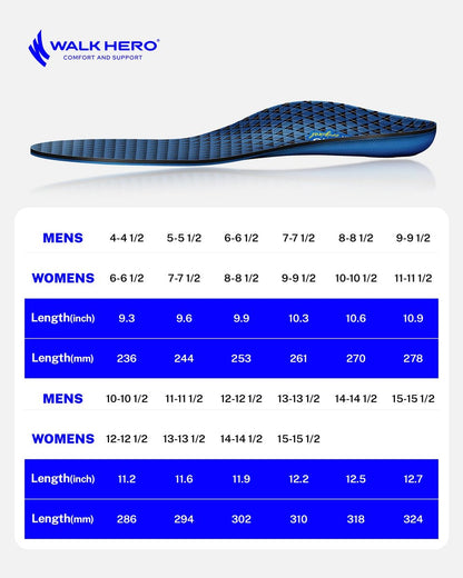 Walkhero Fußgewölbe-Stützeinlagen - Orthopädische Schuheinlagen für Plantarfasziitis mit Alltagskomfort und Unterstützung, lindert Fußschmerzen und Plattfüße (Herren 6-6 1/2 | Damen 8-8 1/2, Blau)