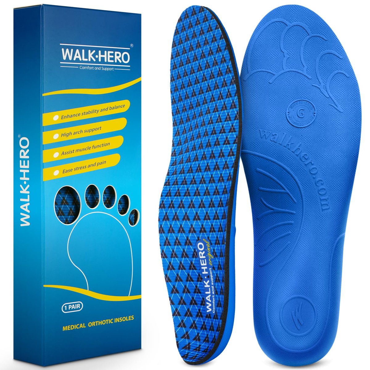Walkhero Fußgewölbe-Stützeinlagen - Orthopädische Schuheinlagen für Plantarfasziitis mit Alltagskomfort und Unterstützung, lindert Fußschmerzen und Plattfüße (Herren 6-6 1/2 | Damen 8-8 1/2, Blau)