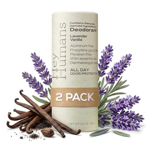 Hey Humans Deodorant, Aluminiumfrei, für Frauen und Männer, mit natürlich gewonnenen Inhaltsstoffen, 24h Geruchskontrolle, erfrischende ätherische Öle, Lavendel Vanille, 2er-Pack