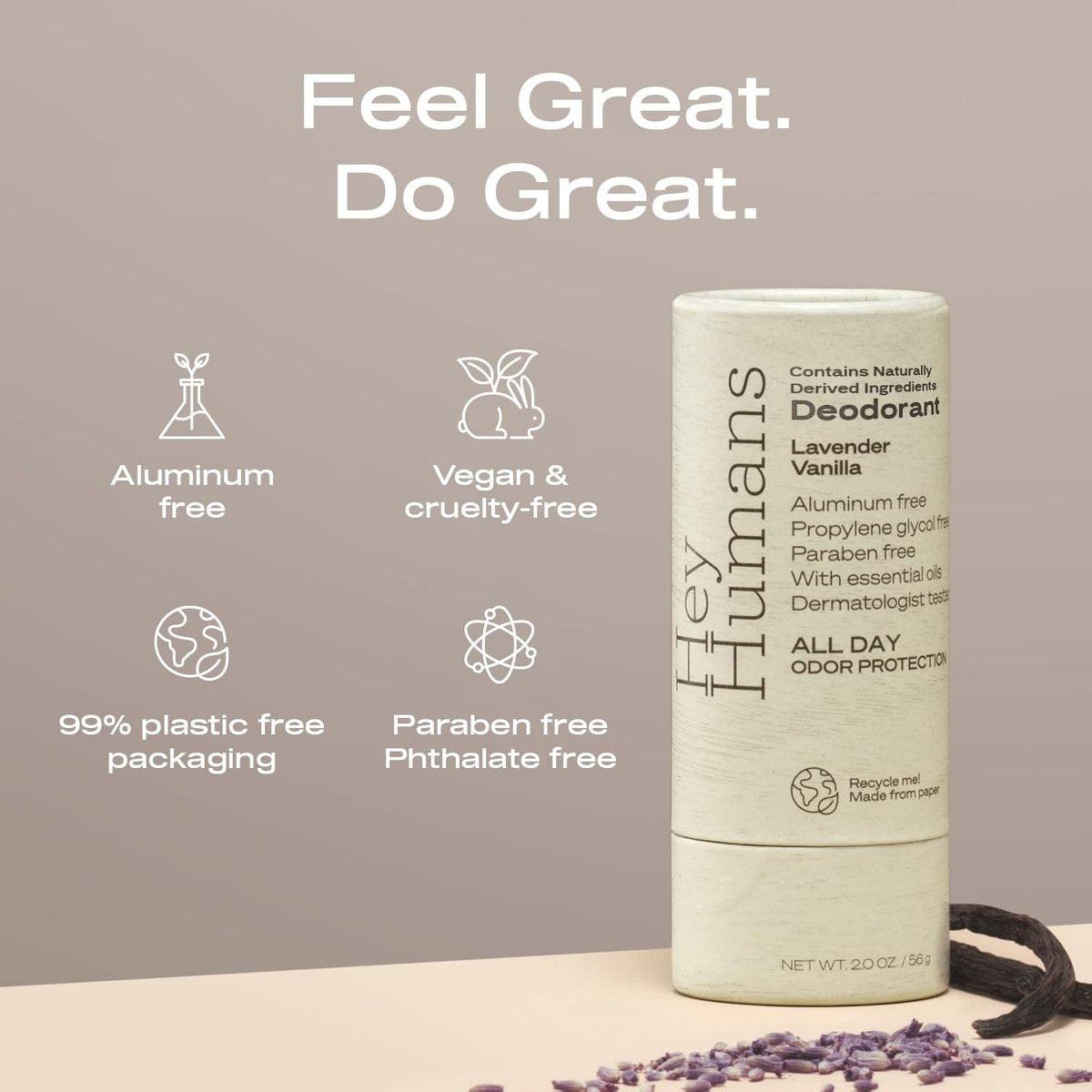 Hey Humans Deodorant, Aluminiumfrei, für Frauen und Männer, mit natürlich gewonnenen Inhaltsstoffen, 24h Geruchskontrolle, erfrischende ätherische Öle, Lavendel Vanille, 2er-Pack