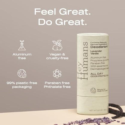 Hey Humans Deodorant, Aluminiumfrei, für Frauen und Männer, mit natürlich gewonnenen Inhaltsstoffen, 24h Geruchskontrolle, erfrischende ätherische Öle, Lavendel Vanille, 2er-Pack