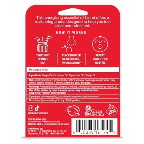 MOXE Übelkeit Naseninhalator-Stick, natürliche ätherische Ölmischung, Ingwer, Kardamom, Pfefferminze, süße Orange, Magenbeschwerden, Kopfschmerzen, tragbare Aromatherapie, hergestellt in USA, 1 Packung