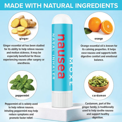 MOXE Übelkeit Naseninhalator-Stick, natürliche ätherische Ölmischung, Ingwer, Kardamom, Pfefferminze, süße Orange, Magenbeschwerden, Kopfschmerzen, tragbare Aromatherapie, hergestellt in USA, 1 Packung