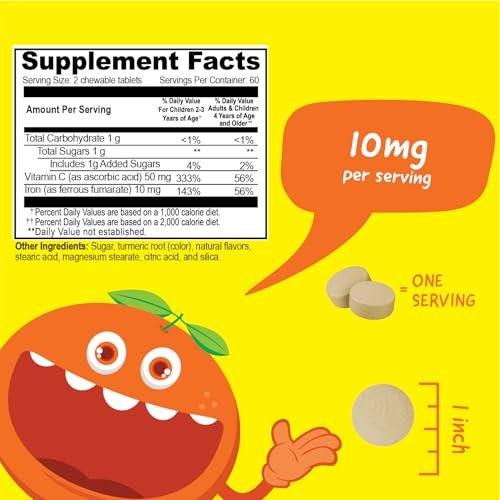 VitaWorks Eisen für Kinder Kautabletten mit Vitamin C, 10 mg Eisen(II)-fumarat, Orangen-Geschmack, 120 Kautabletten