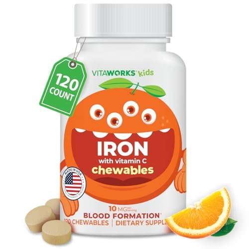 VitaWorks Eisen für Kinder Kautabletten mit Vitamin C, 10 mg Eisen(II)-fumarat, Orangen-Geschmack, 120 Kautabletten