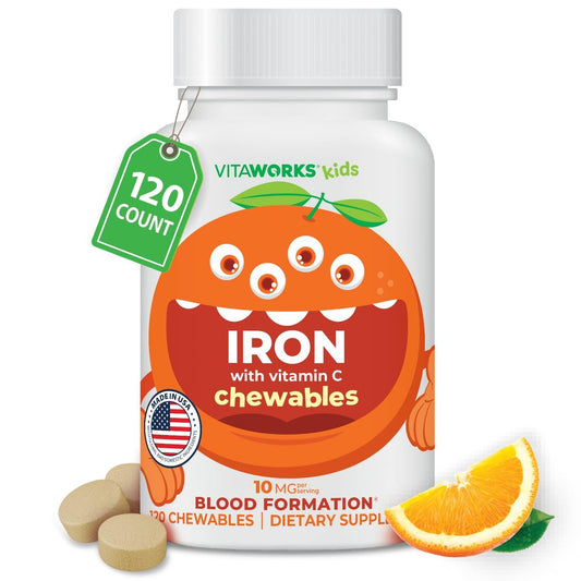 VitaWorks Eisen für Kinder Kautabletten mit Vitamin C, 10 mg Eisen(II)-fumarat, Orangen-Geschmack, 120 Kautabletten