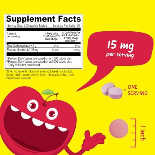 VitaWorks Kids Zink 15mg Kautabletten - Natürlicher Kirschgeschmack - Vegan, Vegetarisch, GVO-frei, Glutenfrei, Nussfrei - Nahrungsergänzungsmittel für die Immununterstützung - für Kinder - 120 Kautabletten