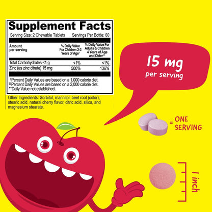 VitaWorks Kids Zink 15mg Kautabletten - Natürlicher Kirschgeschmack - Vegan, Vegetarisch, GVO-frei, Glutenfrei, Nussfrei - Nahrungsergänzungsmittel für die Immununterstützung - für Kinder - 120 Kautabletten