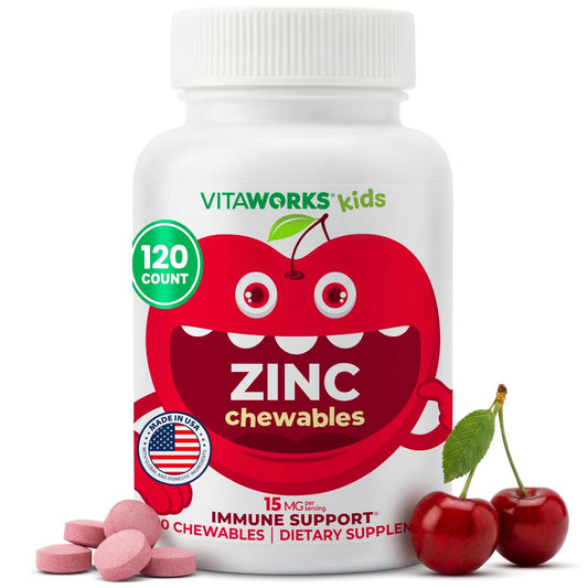 VitaWorks Kids Zink 15mg Kautabletten - Natürlicher Kirschgeschmack - Vegan, Vegetarisch, GVO-frei, Glutenfrei, Nussfrei - Nahrungsergänzungsmittel für die Immununterstützung - für Kinder - 120 Kautabletten