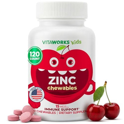 VitaWorks Kids Zink 15mg Kautabletten - Natürlicher Kirschgeschmack - Vegan, Vegetarisch, GVO-frei, Glutenfrei, Nussfrei - Nahrungsergänzungsmittel für die Immununterstützung - für Kinder - 120 Kautabletten