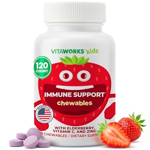 VitaWorks Kinder Immununterstützung Kautabletten mit Holunderbeere, Vitamin C und Zink, gemischter Beerengeschmack, vegane Nahrungsergänzung, glutenfrei, nicht-GVO, 120 Kautabletten