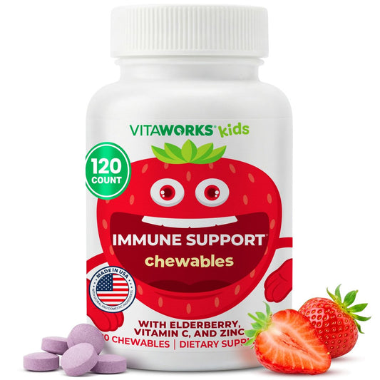 VitaWorks Kinder Immununterstützung Kautabletten mit Holunderbeere, Vitamin C und Zink, gemischter Beerengeschmack, vegane Nahrungsergänzung, glutenfrei, nicht-GVO, 120 Kautabletten