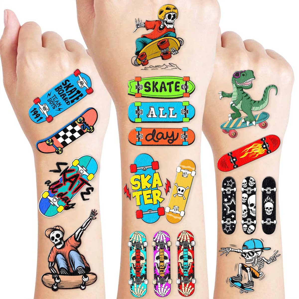 96 Stück Skateboard temporäre Tattoos, vorgeschnitten – coole Skate-Motiv Partydekorationen, lustige Aufkleber für Jungen Mädchen Kinder, Partygeschenke, Schulgaben & Belohnungen