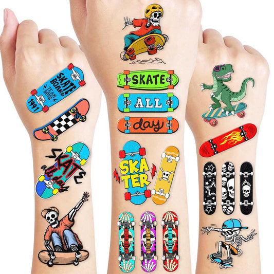 96 Stück Skateboard temporäre Tattoos, vorgeschnitten – coole Skate-Motiv Partydekorationen, lustige Aufkleber für Jungen Mädchen Kinder, Partygeschenke, Schulgaben & Belohnungen