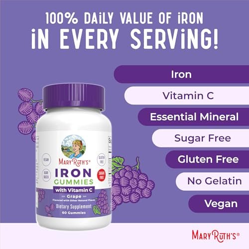 MaryRuth's Eisen Gummis für 14+ mit Vitamin C für die Aufnahme | Zuckerfrei | Eisenpräparat als Gummy + Vitamin C | Energiestoffwechsel | Zellgesundheit | Immununterstützung | Vegan | Ohne Gentechnik | 60 Stück