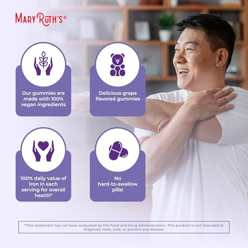 MaryRuth's Eisen Gummis für 14+ mit Vitamin C für die Aufnahme | Zuckerfrei | Eisenpräparat als Gummy + Vitamin C | Energiestoffwechsel | Zellgesundheit | Immununterstützung | Vegan | Ohne Gentechnik | 60 Stück