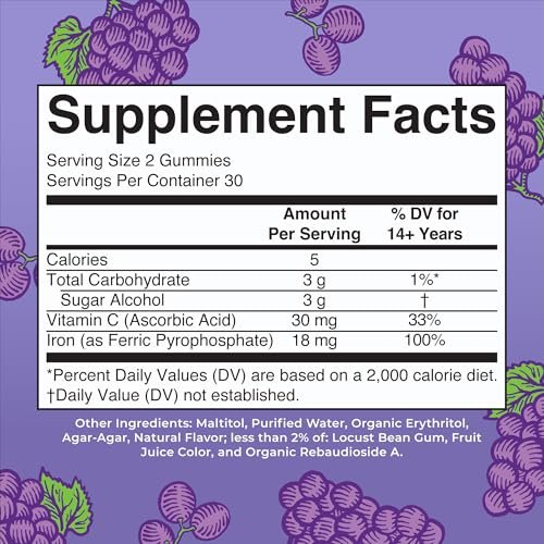 MaryRuth's Eisen Gummis für 14+ mit Vitamin C für die Aufnahme | Zuckerfrei | Eisenpräparat als Gummy + Vitamin C | Energiestoffwechsel | Zellgesundheit | Immununterstützung | Vegan | Ohne Gentechnik | 60 Stück