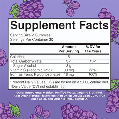 MaryRuth's Eisen Gummis für 14+ mit Vitamin C für die Aufnahme | Zuckerfrei | Eisenpräparat als Gummy + Vitamin C | Energiestoffwechsel | Zellgesundheit | Immununterstützung | Vegan | Ohne Gentechnik | 60 Stück