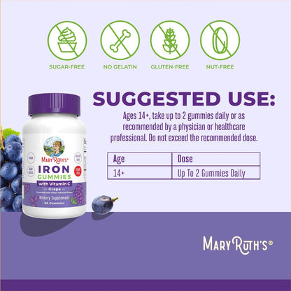 MaryRuth's Eisen Gummis für 14+ mit Vitamin C für die Aufnahme | Zuckerfrei | Eisenpräparat als Gummy + Vitamin C | Energiestoffwechsel | Zellgesundheit | Immununterstützung | Vegan | Ohne Gentechnik | 60 Stück