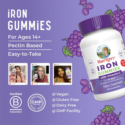 MaryRuth's Eisen Gummis für 14+ mit Vitamin C für die Aufnahme | Zuckerfrei | Eisenpräparat als Gummy + Vitamin C | Energiestoffwechsel | Zellgesundheit | Immununterstützung | Vegan | Ohne Gentechnik | 60 Stück