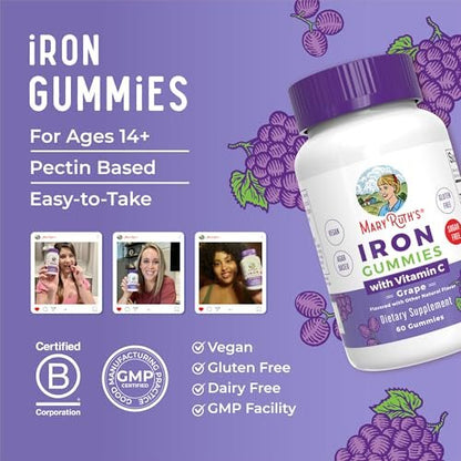 MaryRuth's Eisen Gummis für 14+ mit Vitamin C für die Aufnahme | Zuckerfrei | Eisenpräparat als Gummy + Vitamin C | Energiestoffwechsel | Zellgesundheit | Immununterstützung | Vegan | Ohne Gentechnik | 60 Stück