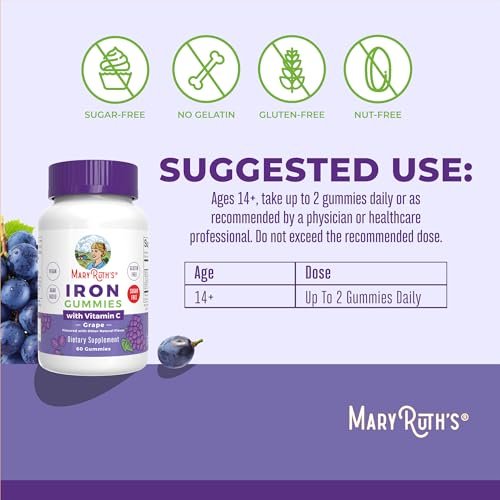MaryRuth's Eisen Gummis für 14+ mit Vitamin C für die Aufnahme | Zuckerfrei | Eisenpräparat als Gummy + Vitamin C | Energiestoffwechsel | Zellgesundheit | Immununterstützung | Vegan | Ohne Gentechnik | 60 Stück