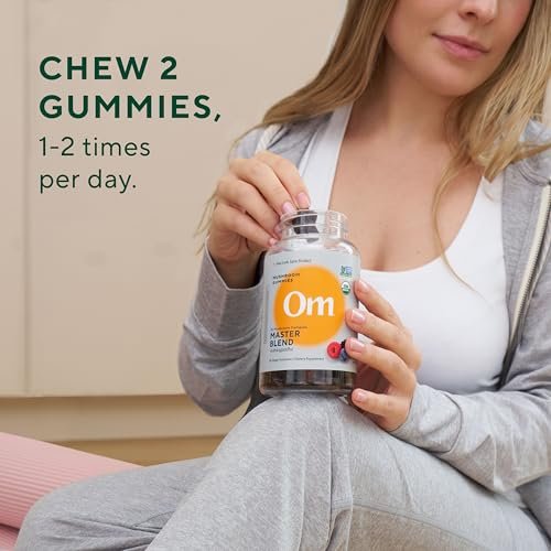 OM MUSHROOM SUPERFOOD Master Blend Pilz-Gummibärchen – Bio-10-Pilzkomplex mit Ashwagandha – Unterstützt Immunsystem, Darmgesundheit & Stressabbau – gemischter Beerengeschmack – 28 Portionen, 56 Stück