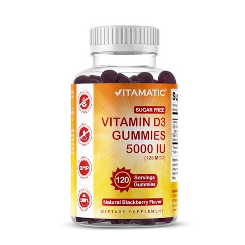 Vitamatic Vitamin D3 5000 IE – 120 zuckerfreie Gummis – Für Knochen, Stimmung & Immunsystem – Non-GMO