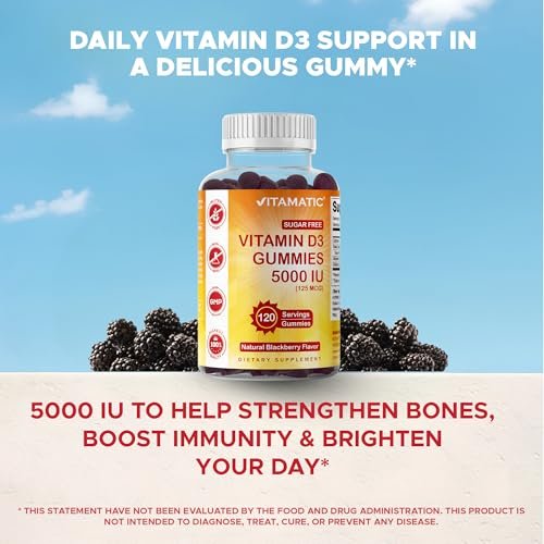 Vitamatic Vitamin D3 5000 IE – 120 zuckerfreie Gummis – Für Knochen, Stimmung & Immunsystem – Non-GMO
