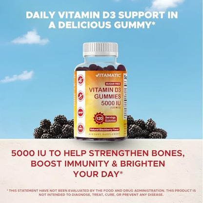Vitamatic Vitamin D3 5000 IE – 120 zuckerfreie Gummis – Für Knochen, Stimmung & Immunsystem – Non-GMO
