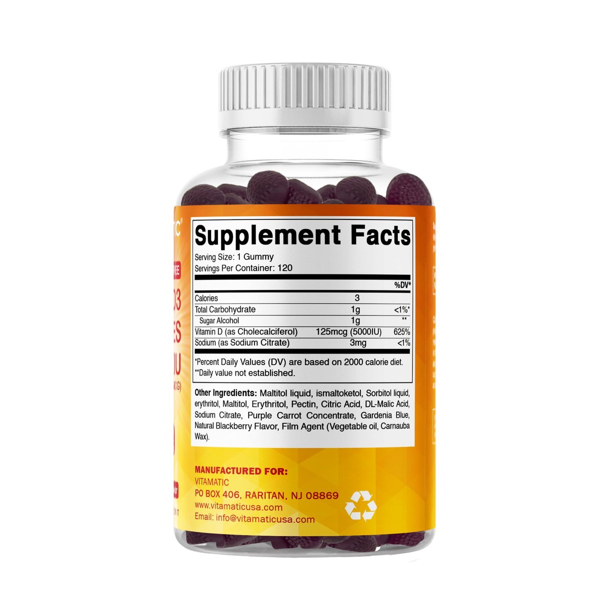 Vitamatic Vitamin D3 5000 IE – 120 zuckerfreie Gummis – Für Knochen, Stimmung & Immunsystem – Non-GMO