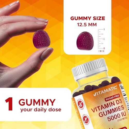 Vitamatic Vitamin D3 5000 IE – 120 zuckerfreie Gummis – Für Knochen, Stimmung & Immunsystem – Non-GMO